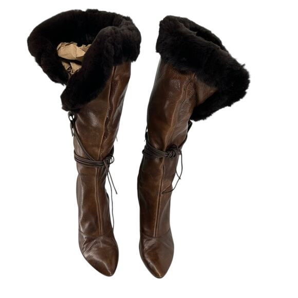 VTG 90s Women's Brown Leather Rabbit Fur Nine West Jaydon Knee High Boots 6.5M - Picture 3 of 9